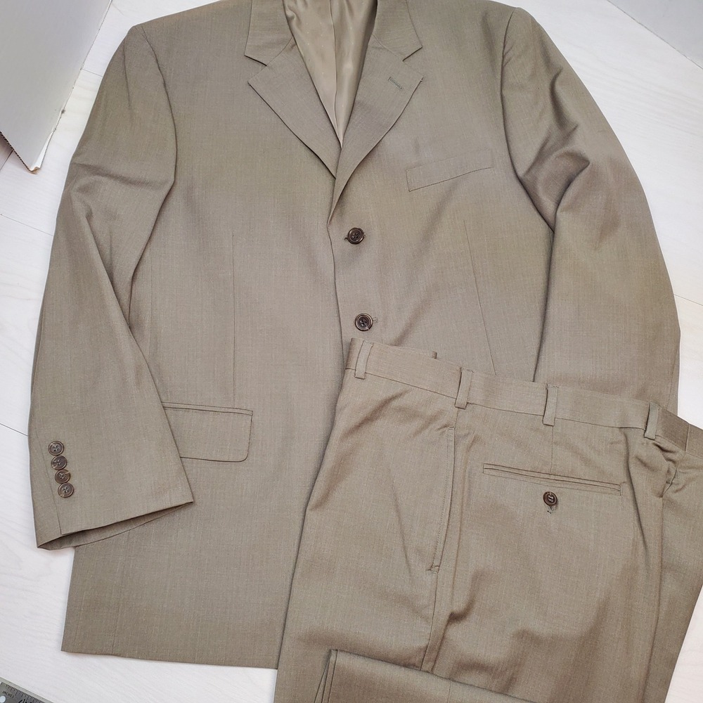 Mazzoni Mens 2 Piece Suit Set 44R Blazer 38R Pants Grey Tan 3 Button Old Money